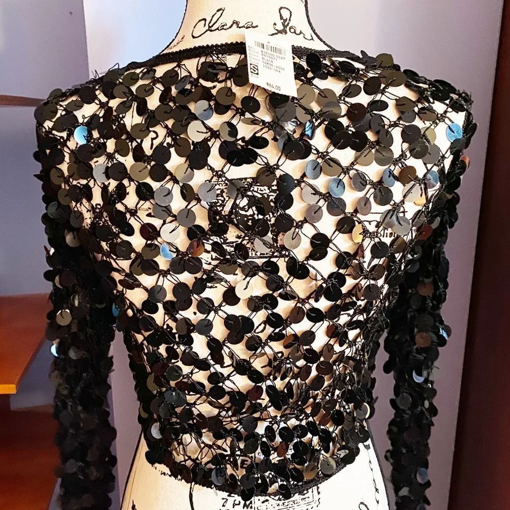 Beaded Black Crocheted Coverup XS/S NEW - Picture 6 of 9